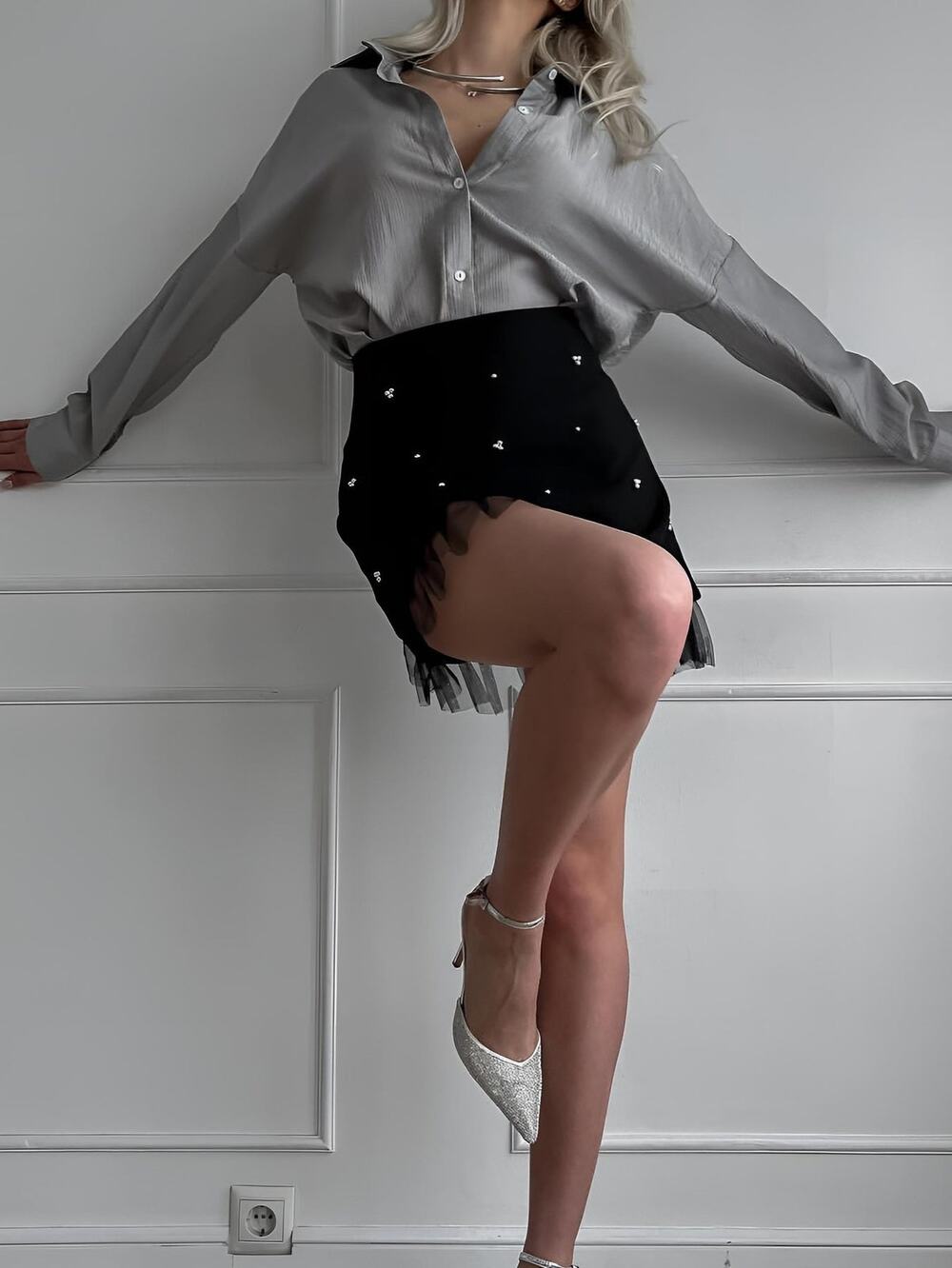 Commense Party Black Beaded Tulle Trim A Line Mini Skirt Built in Shorts NWT M